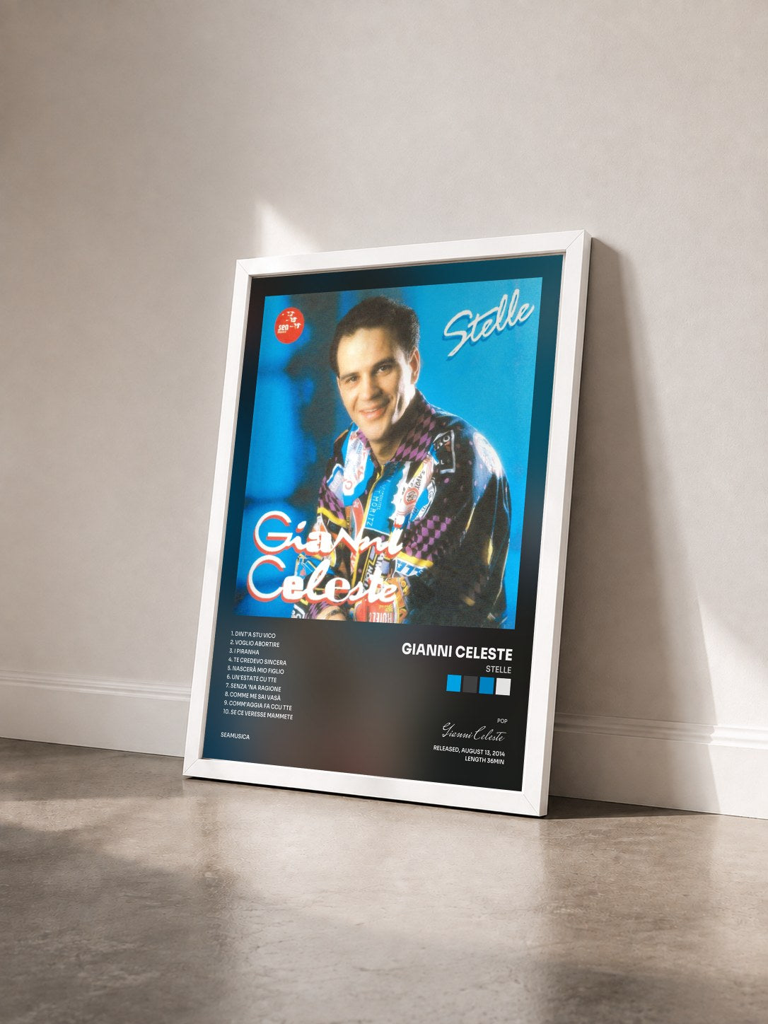 #blanc Tableau de l'album Stelle de Gianni Celeste vu de trois quarts, cadre blanc