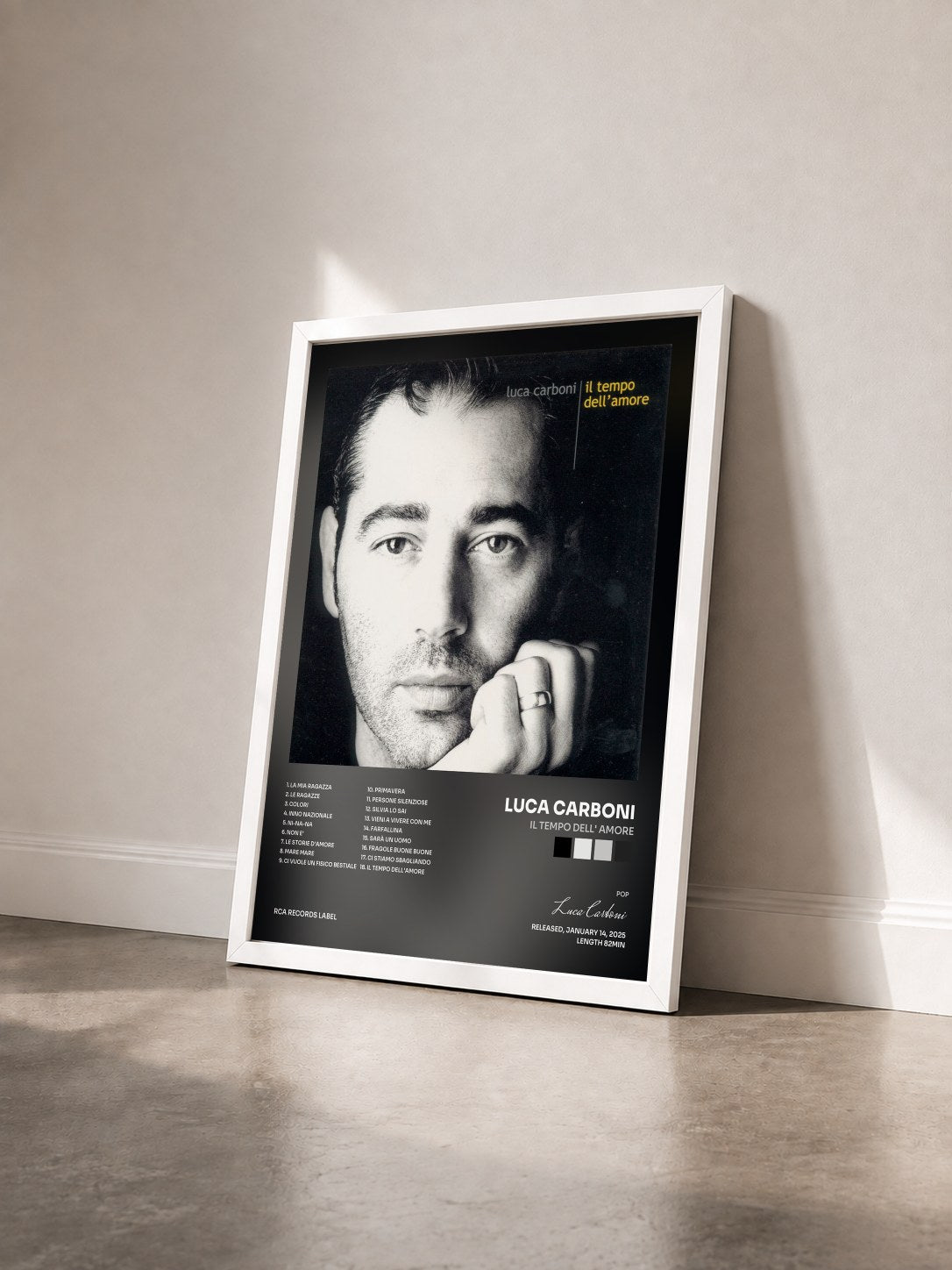 #blanc Tableau de l'album Il Tempo Dell' Amore de Luca Carboni vu de trois quarts, cadre blanc