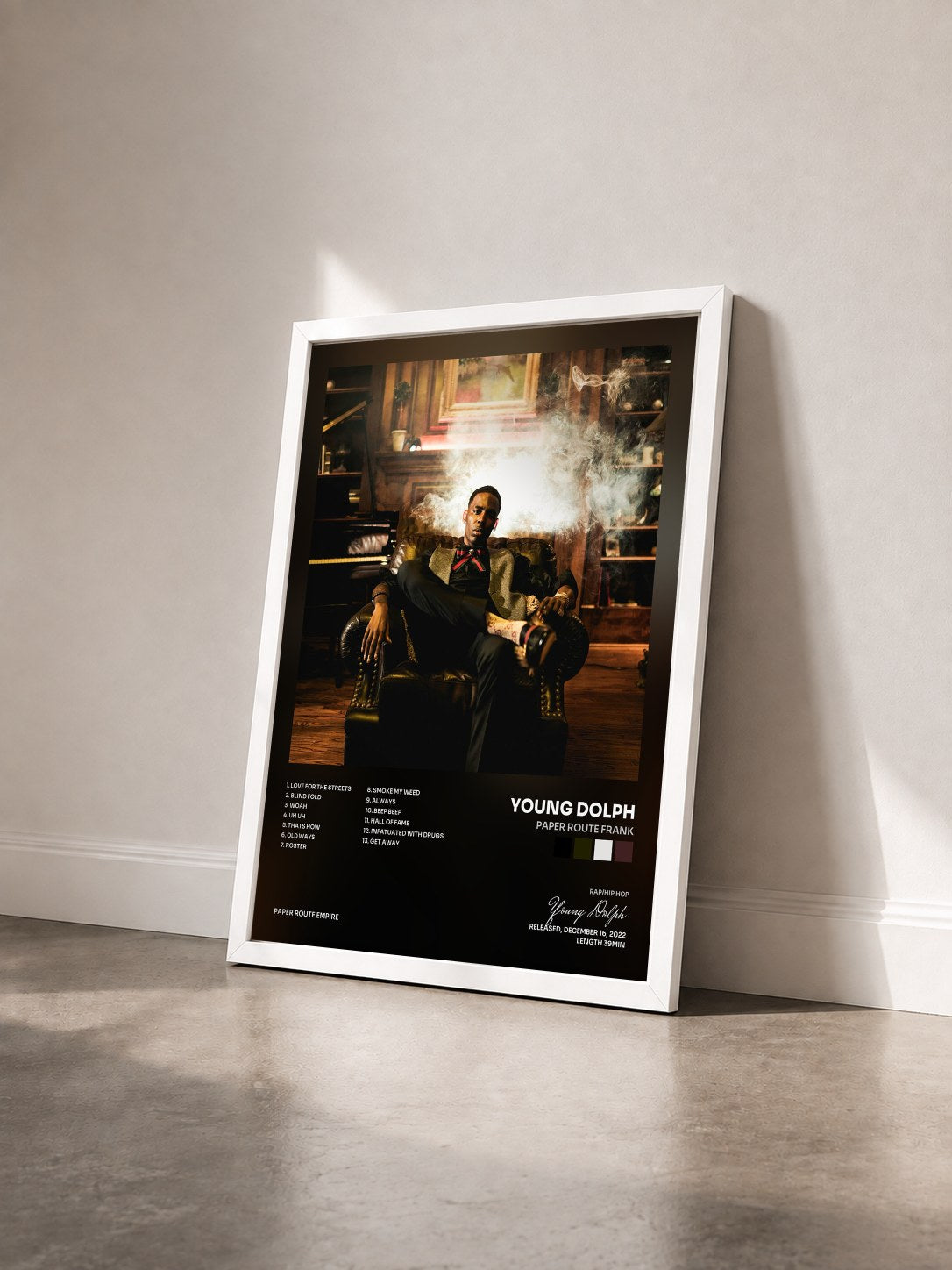 #blanc Tableau de l'album Paper Route Frank de Young Dolph vu de trois quarts, cadre blanc