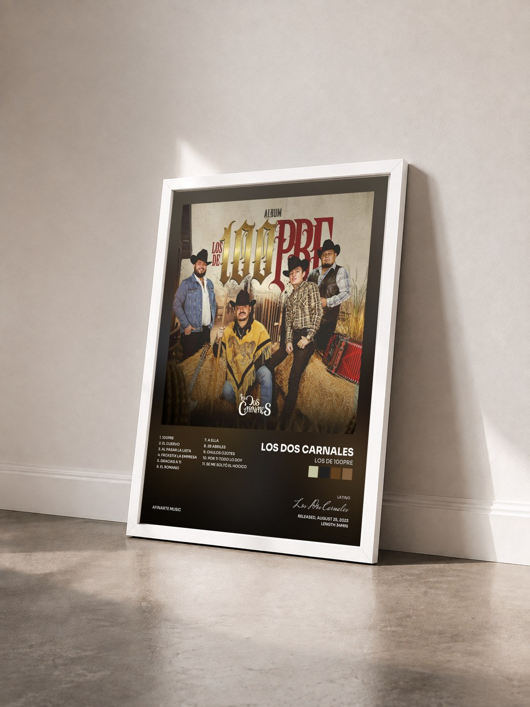 #blanc Tableau de l'album Los de 100pre de Los Dos Carnales vu de trois quarts, cadre blanc