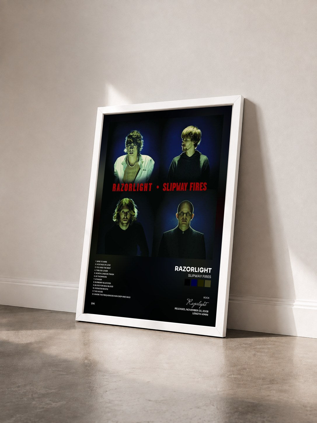#blanc Tableau de l'album Slipway Fires de Razorlight vu de trois quarts, cadre blanc