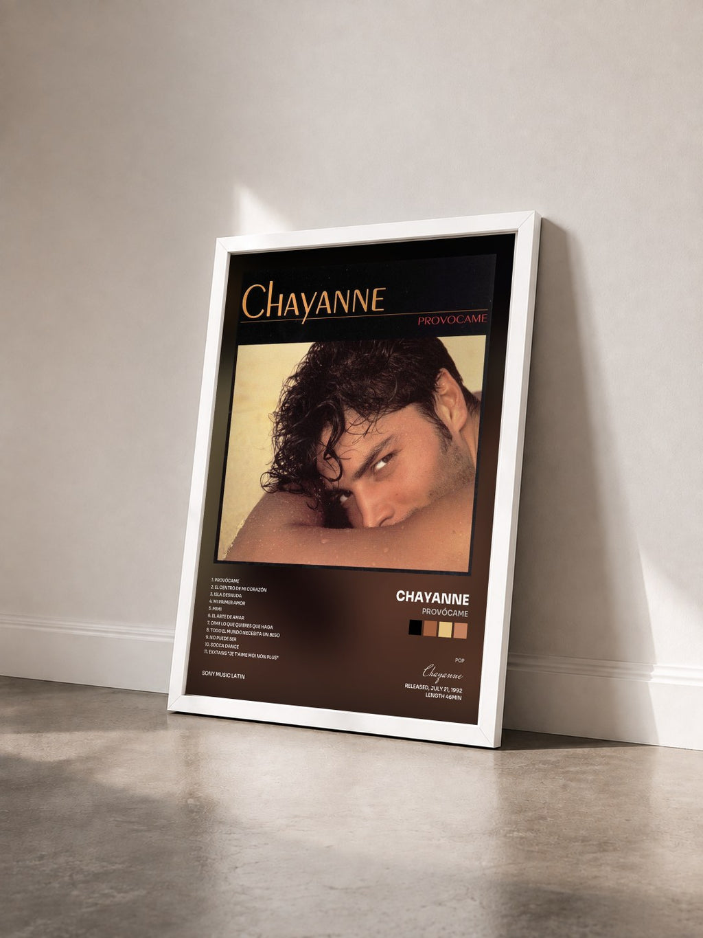 #blanc Tableau de l'album Provócame de Chayanne vu de trois quarts, cadre blanc