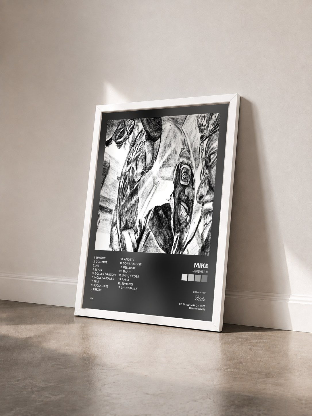 #blanc Tableau de l'album Pinball II de Mike vu de trois quarts, cadre blanc