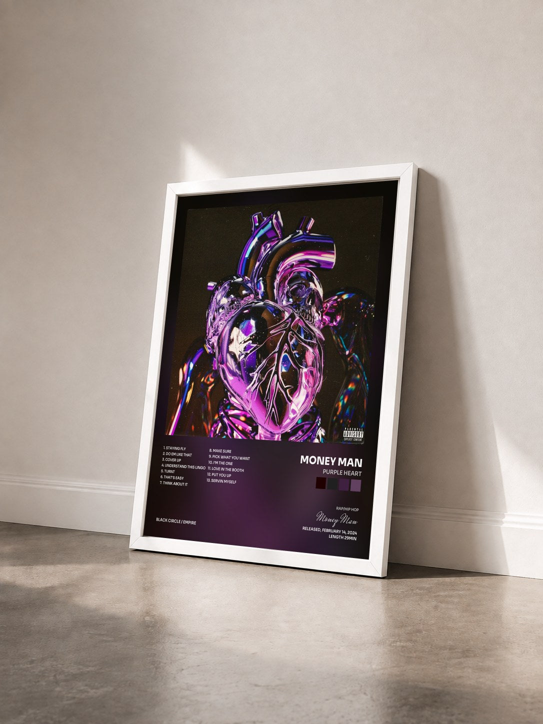 #blanc Tableau de l'album Purple Heart de Money Man vu de trois quarts, cadre blanc
