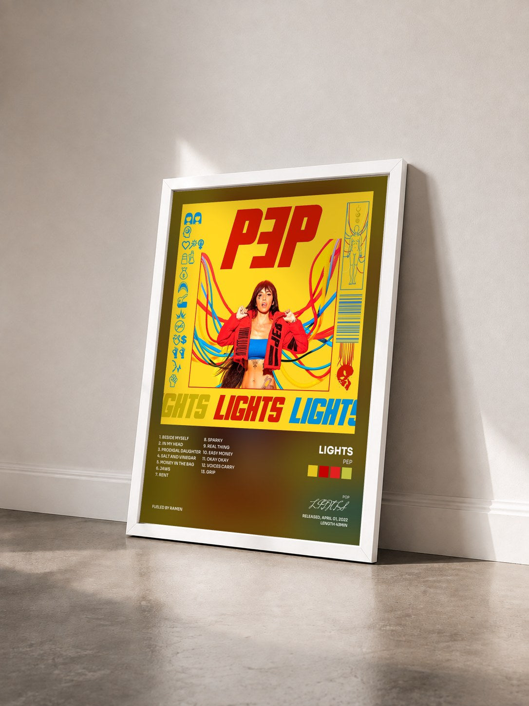 #blanc Tableau de l'album PEP de LIGHTS vu de trois quarts, cadre blanc