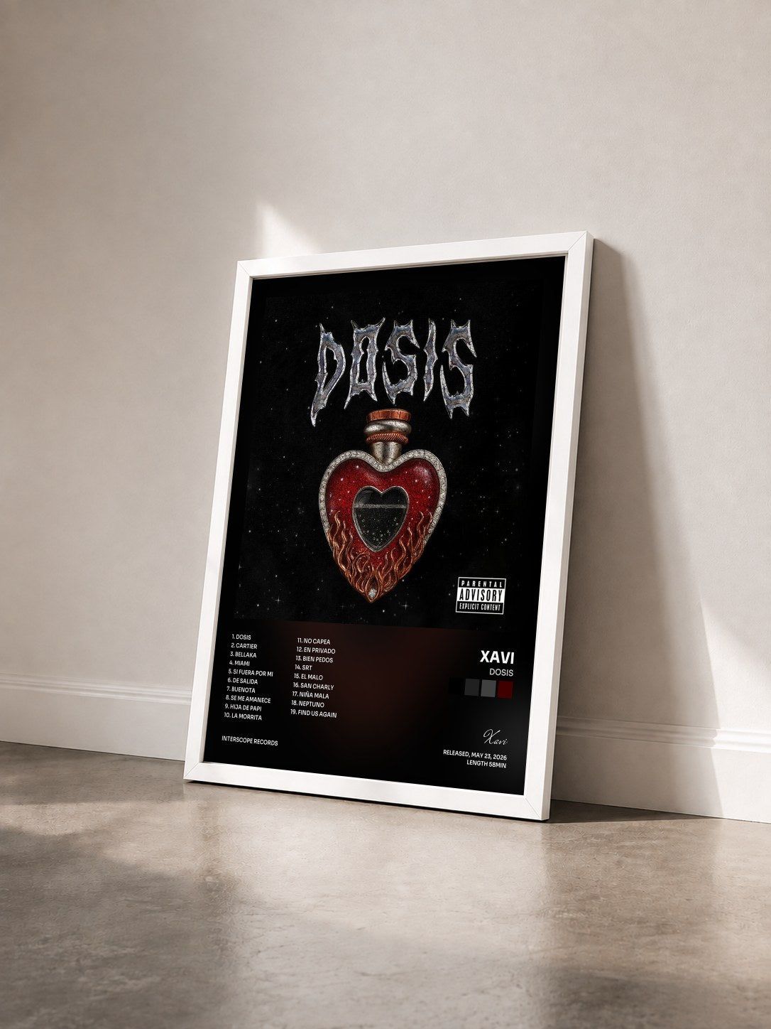 #blanc Tableau de l'album DOSIS de Xavi vu de trois quarts, cadre blanc