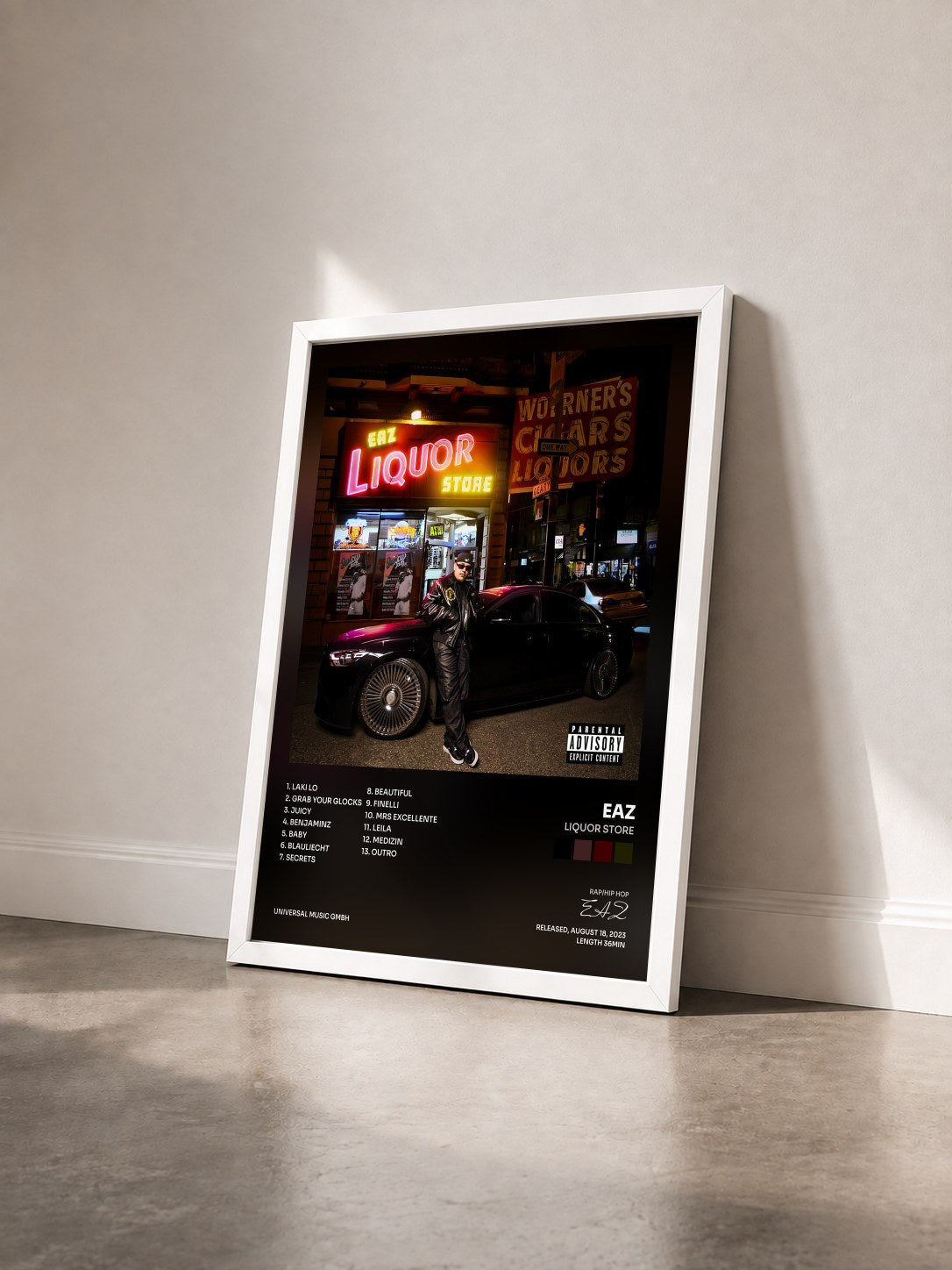 #blanc Tableau de l'album Liquor Store de EAZ vu de trois quarts, cadre blanc