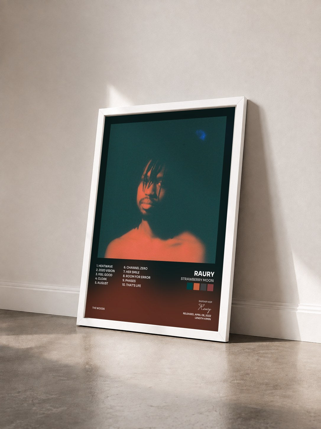 #blanc Tableau de l'album Strawberry Moon de Raury vu de trois quarts, cadre blanc