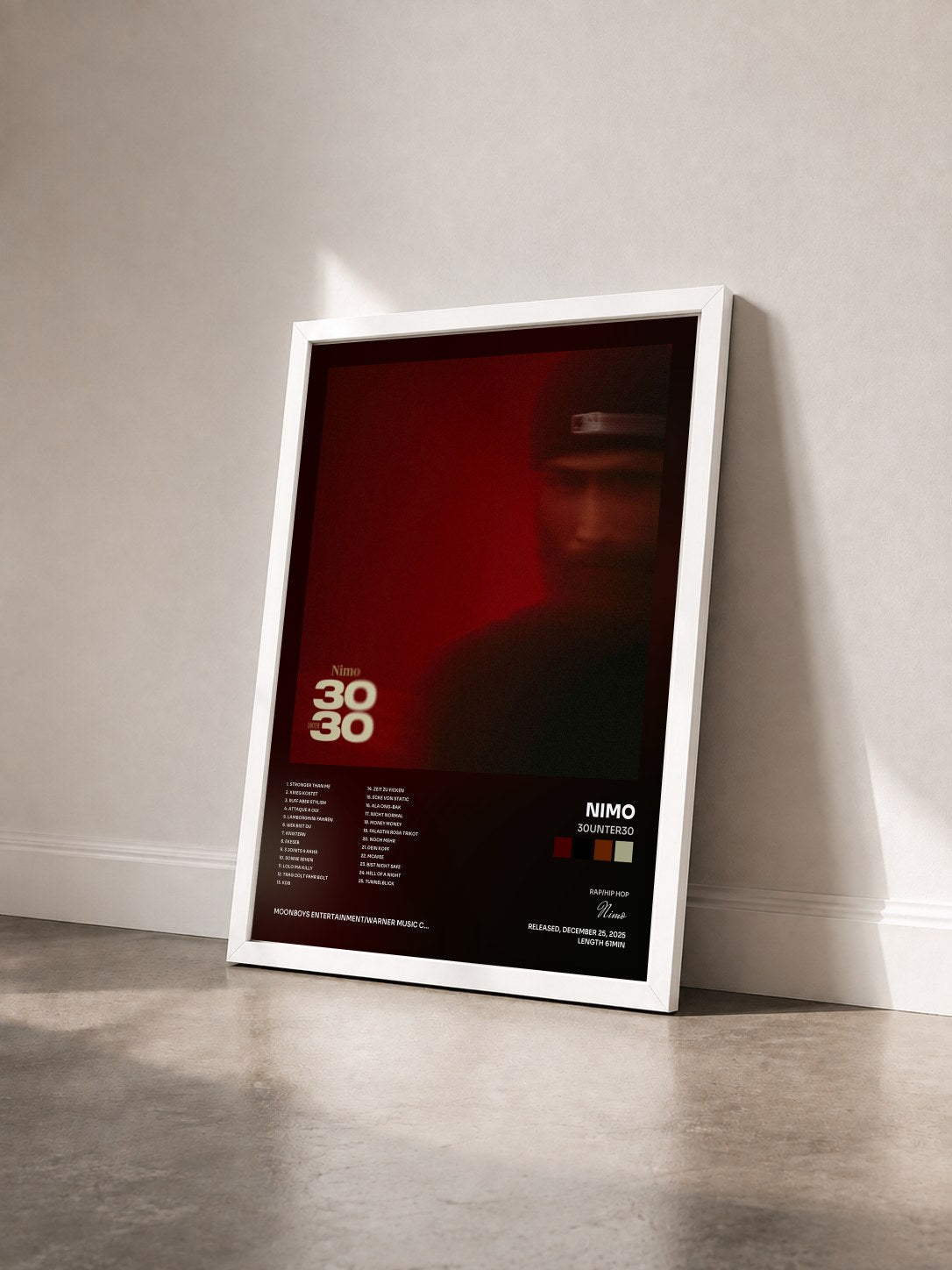 #blanc Tableau de l'album 30unter30 de Nimo vu de trois quarts, cadre blanc