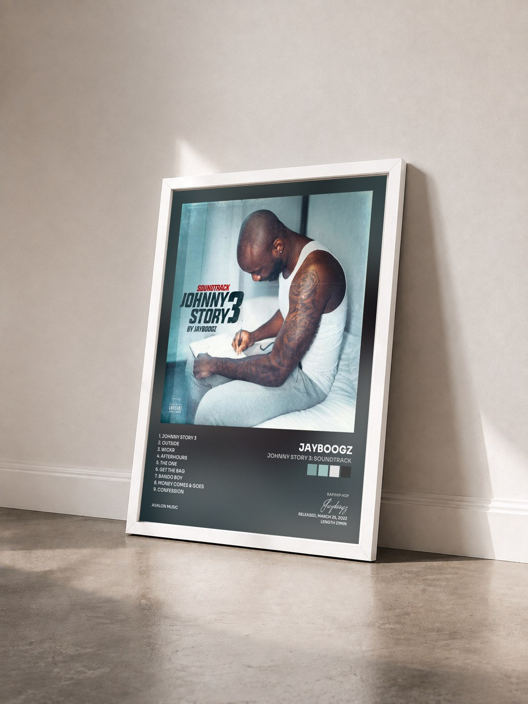 #blanc Tableau de l'album Johnny Story 3: Soundtrack de Jayboogz vu de trois quarts, cadre blanc