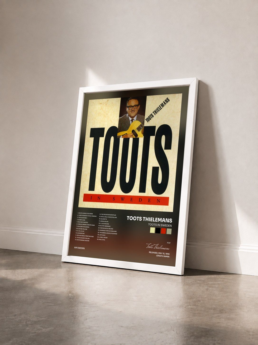 #blanc Tableau de l'album Toots in Sweden de Toots Thielemans vu de trois quarts, cadre blanc