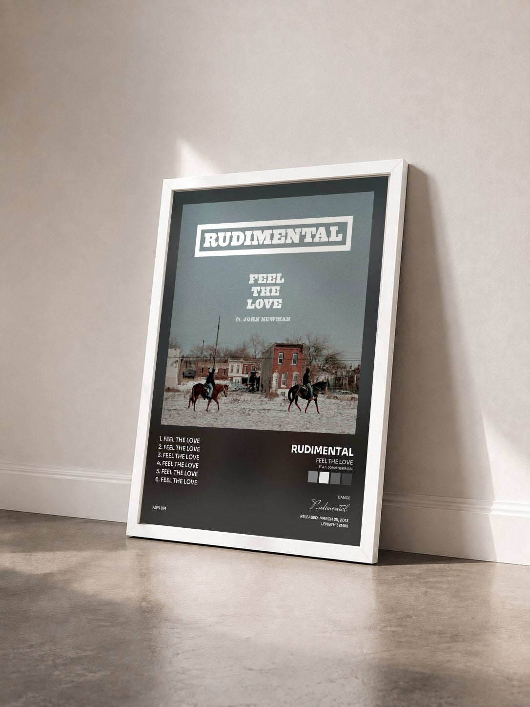 #blanc Tableau de l'album Feel the Love (feat. John Newman) de Rudimental vu de trois quarts, cadre blanc
