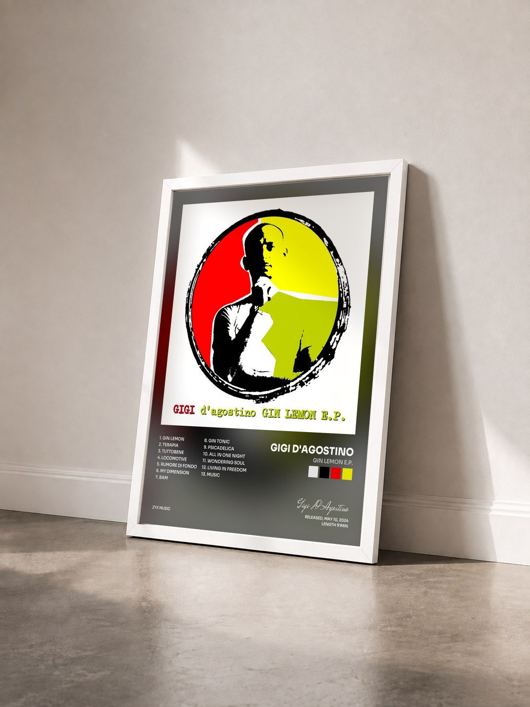 #blanc Tableau de l'album Gin Lemon E.P. de Gigi D'Agostino vu de trois quarts, cadre blanc
