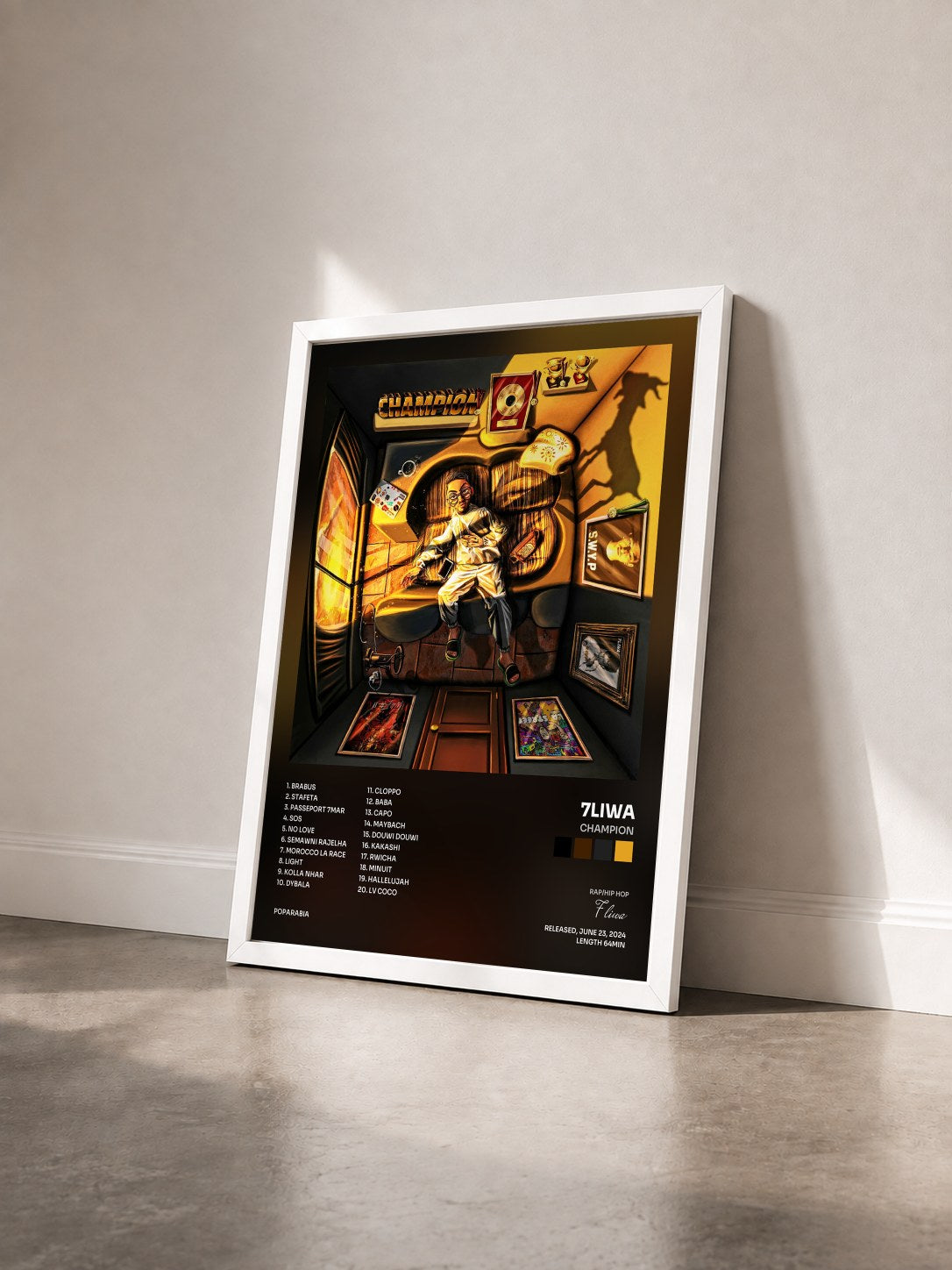 #blanc Tableau de l'album Champion de 7liwa vu de trois quarts, cadre blanc