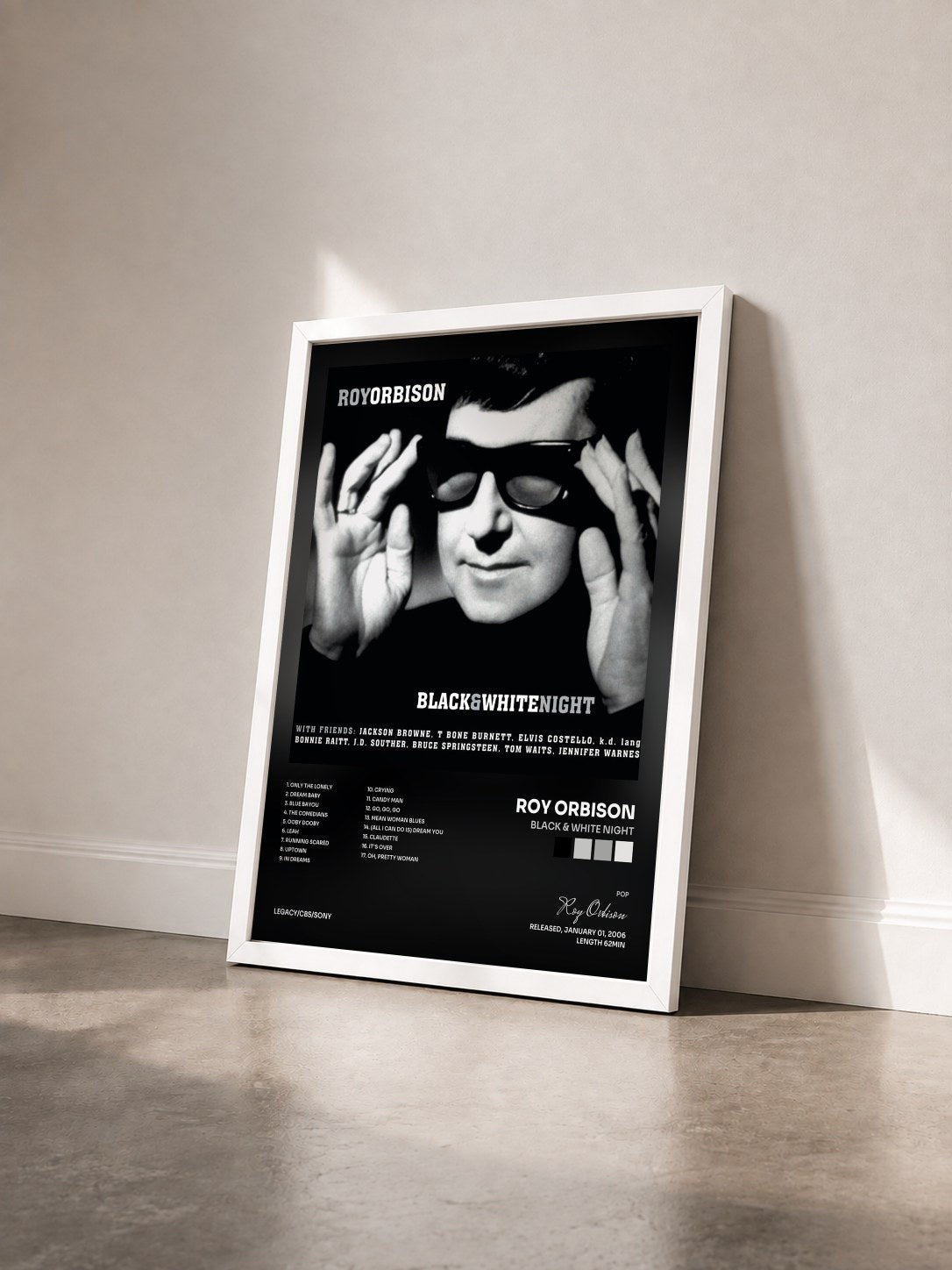 #blanc Tableau de l'album Black & White Night de Roy Orbison vu de trois quarts, cadre blanc