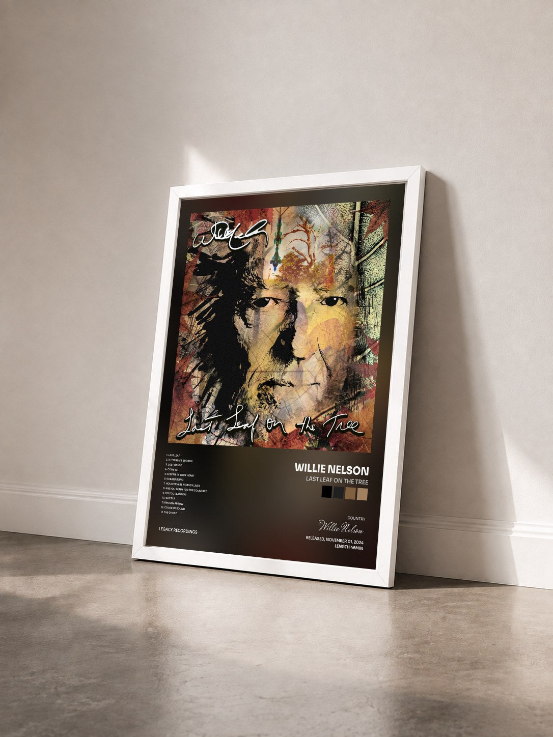 #blanc Tableau de l'album Last Leaf On The Tree de Willie Nelson vu de trois quarts, cadre blanc