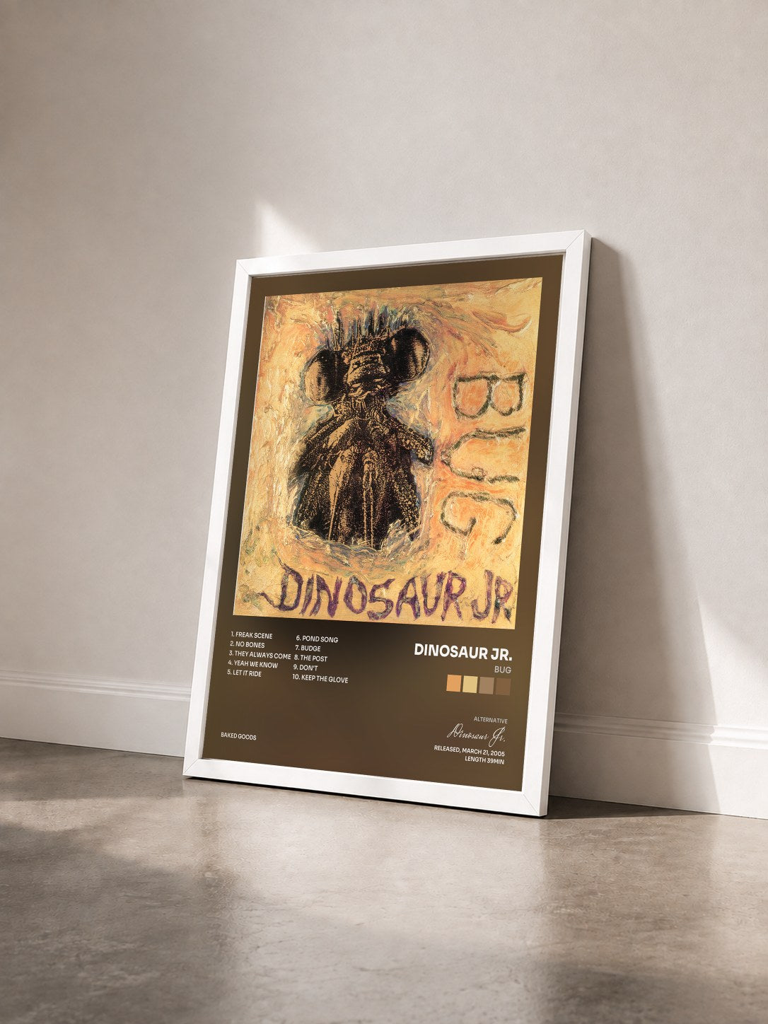 #blanc Tableau de l'album Bug de Dinosaur Jr. vu de trois quarts, cadre blanc