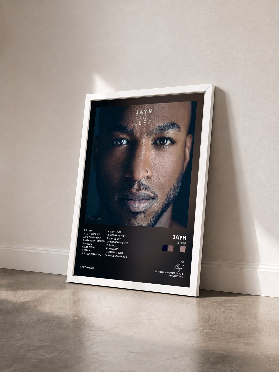 #blanc Tableau de l'album Ik Leef de Jayh vu de trois quarts, cadre blanc