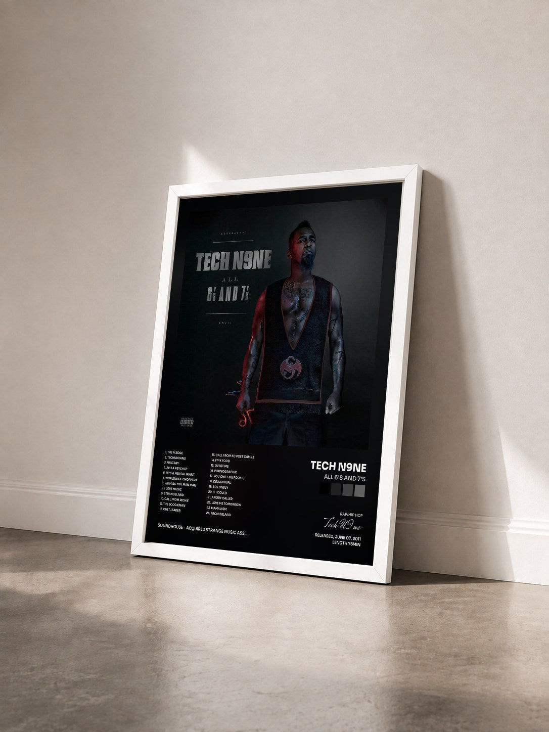 #blanc Tableau de l'album All 6's And 7's de Tech N9ne vu de trois quarts, cadre blanc