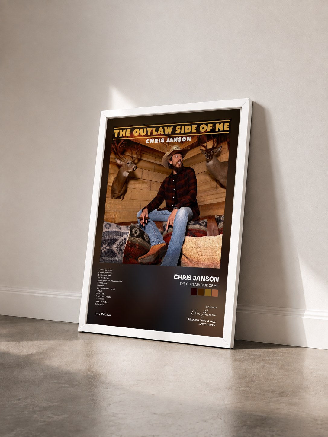 #blanc Tableau de l'album The Outlaw Side Of Me de Chris Janson vu de trois quarts, cadre blanc