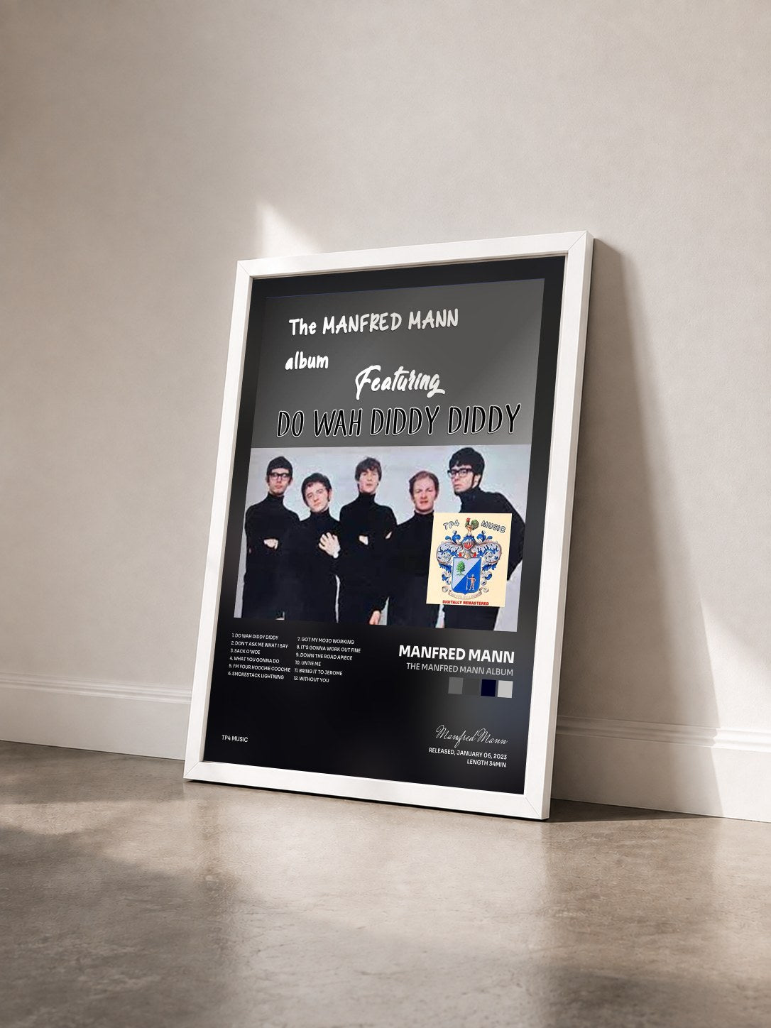 #blanc Tableau de l'album The Manfred Mann Album de Manfred Mann vu de trois quarts, cadre blanc