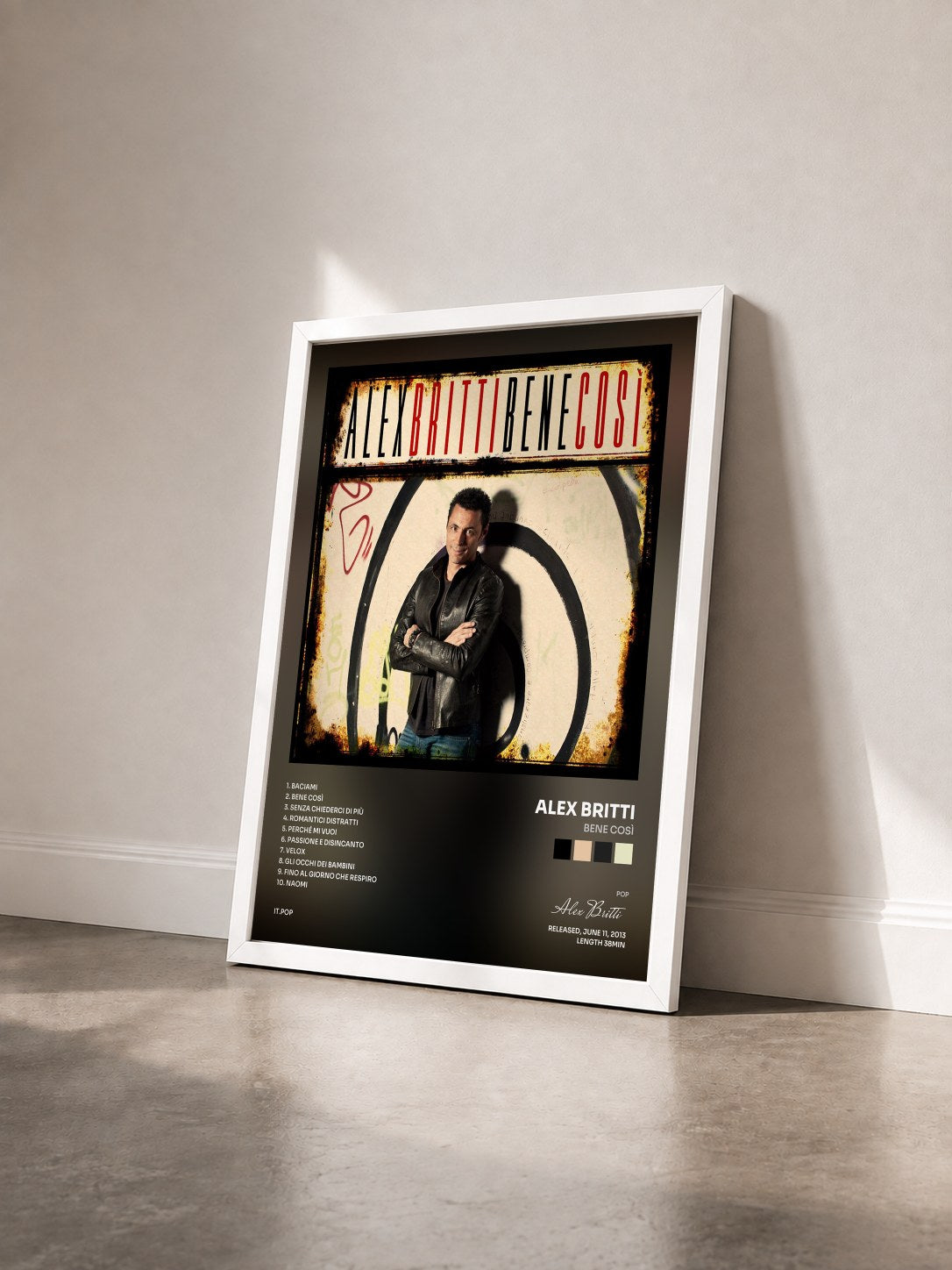 #blanc Tableau de l'album Bene così de Alex Britti vu de trois quarts, cadre blanc