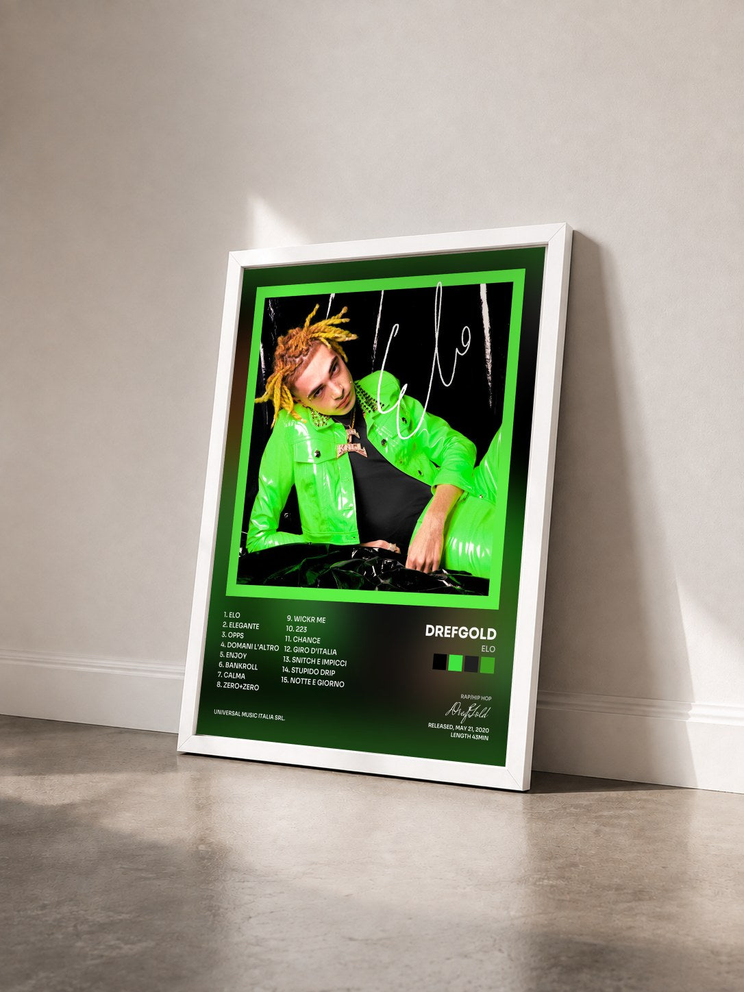 #blanc Tableau de l'album ELO de DrefGold vu de trois quarts, cadre blanc