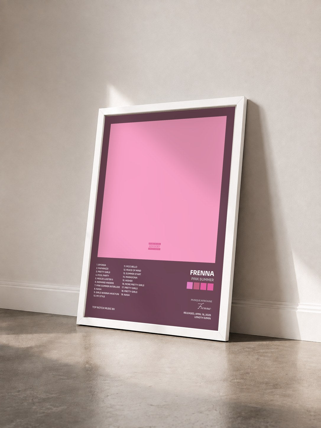 #blanc Tableau de l'album PINK SUMMER de Frenna vu de trois quarts, cadre blanc