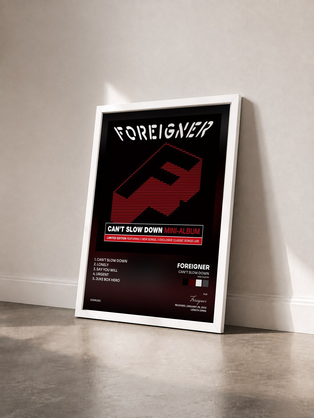 #blanc Tableau de l'album Can't Slow Down (Mini Album) de Foreigner vu de trois quarts, cadre blanc