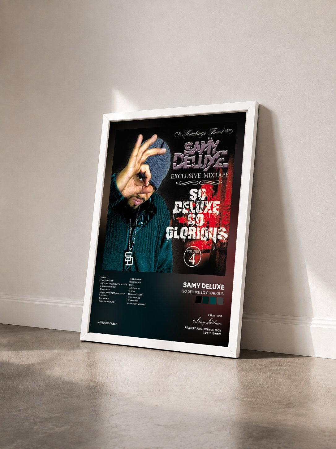 #blanc Tableau de l'album So Deluxe so Glorious de Samy Deluxe vu de trois quarts, cadre blanc