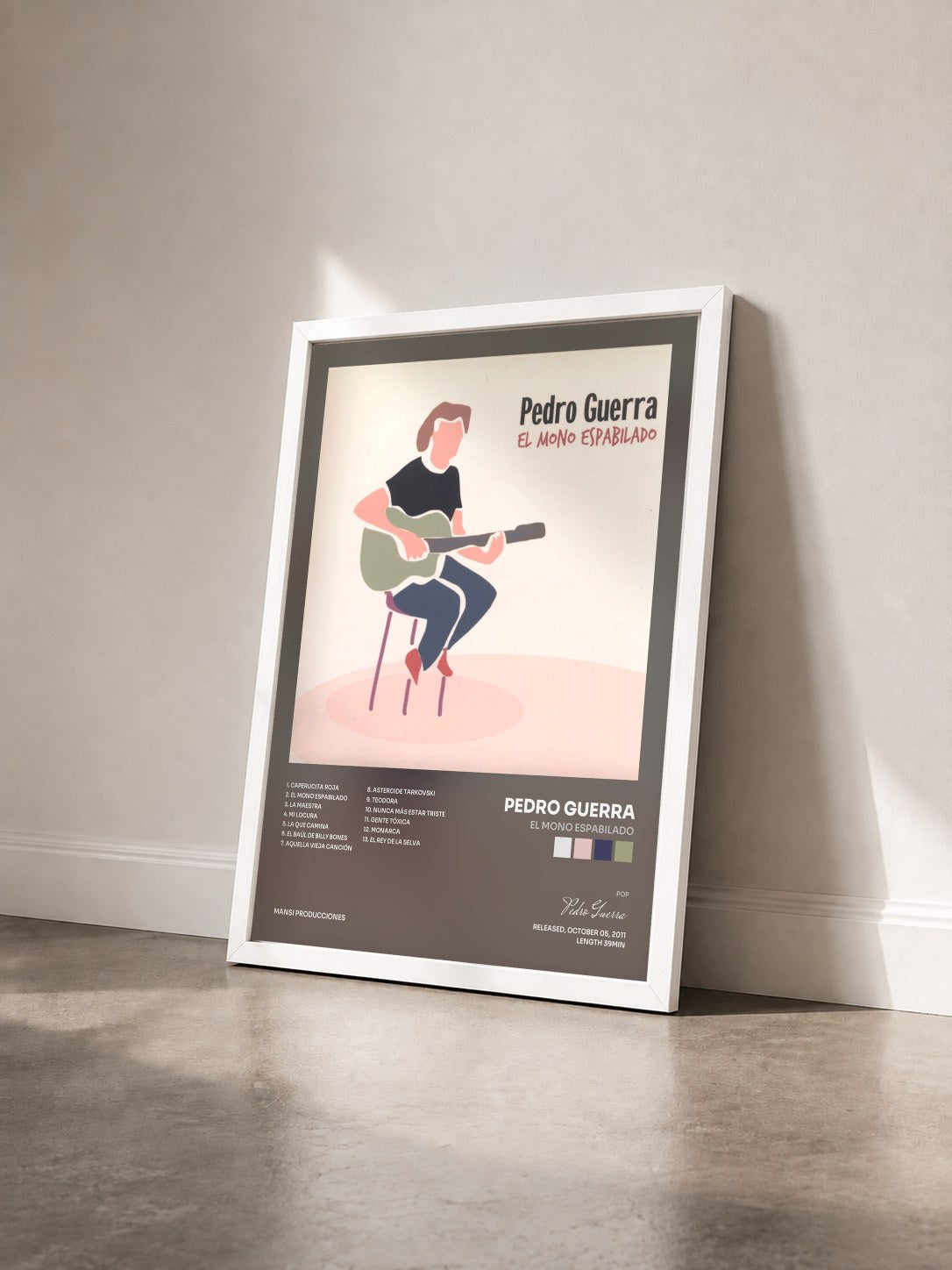 #blanc Tableau de l'album El Mono Espabilado de Pedro Guerra vu de trois quarts, cadre blanc