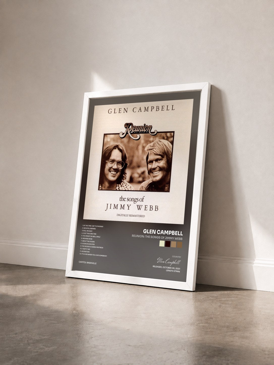 #blanc Tableau de l'album Reunion: The Songs Of Jimmy Webb de Glen Campbell vu de trois quarts, cadre blanc