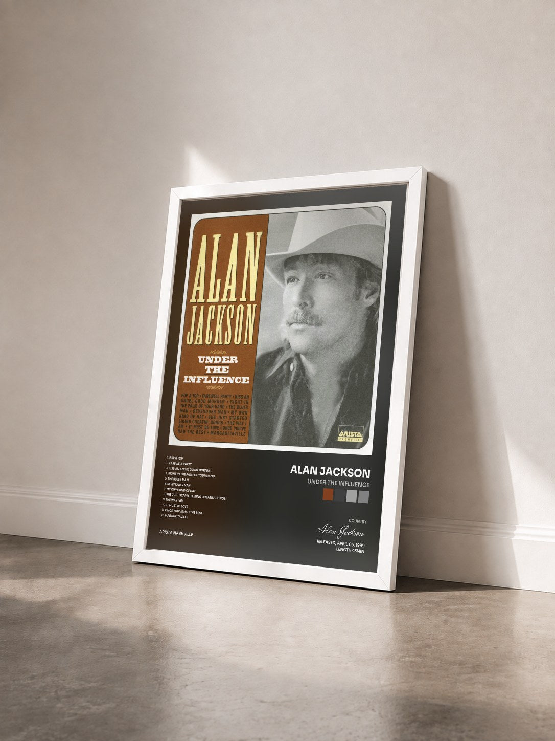 #blanc Tableau de l'album Under The Influence de Alan Jackson vu de trois quarts, cadre blanc