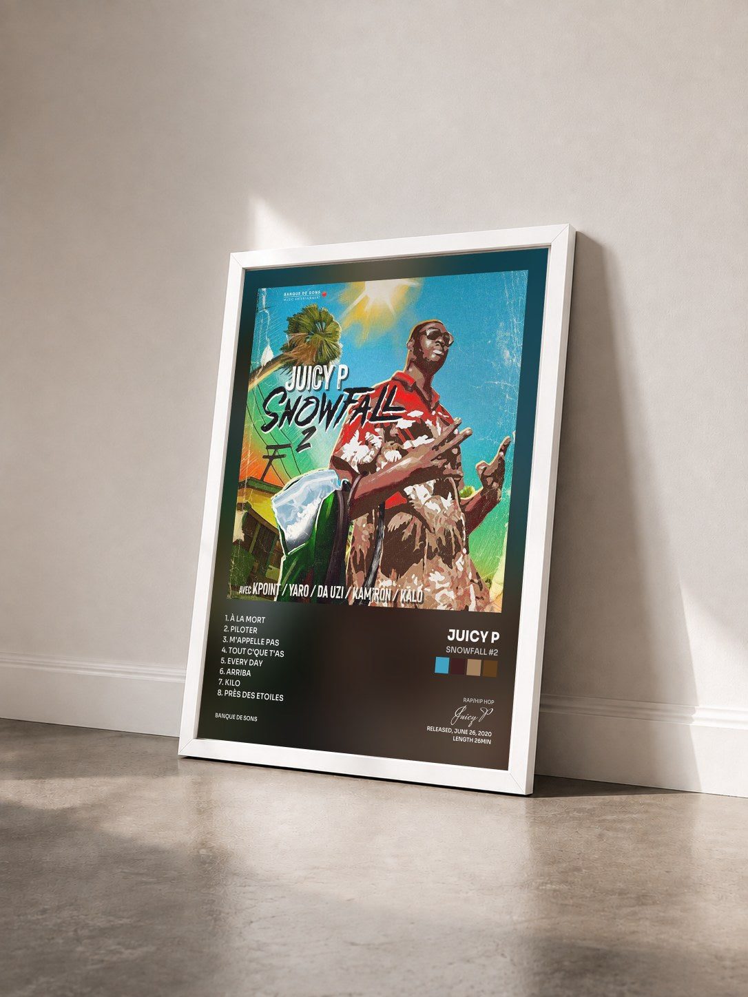 #blanc Tableau de l'album Snowfall #2 de Juicy P vu de trois quarts, cadre blanc