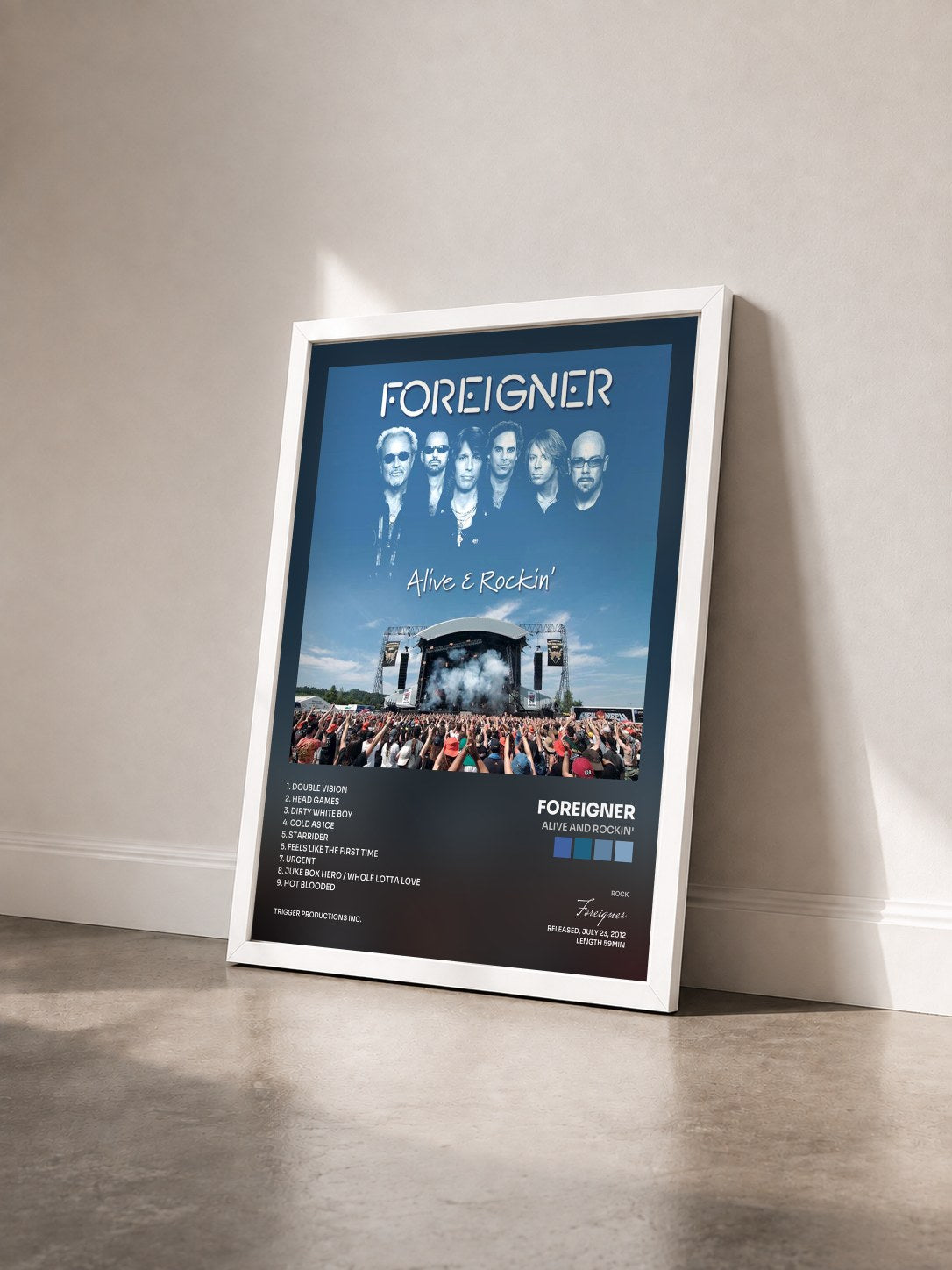 #blanc Tableau de l'album Alive And Rockin' de Foreigner vu de trois quarts, cadre blanc
