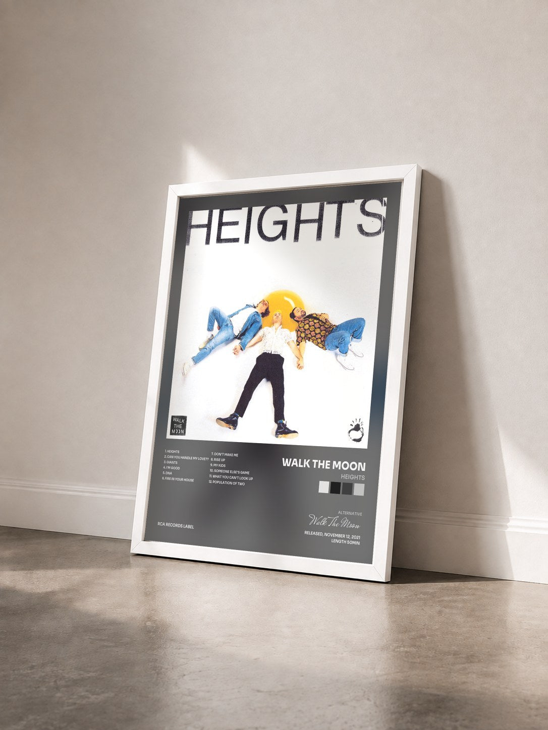 #blanc Tableau de l'album HEIGHTS de Walk The Moon vu de trois quarts, cadre blanc