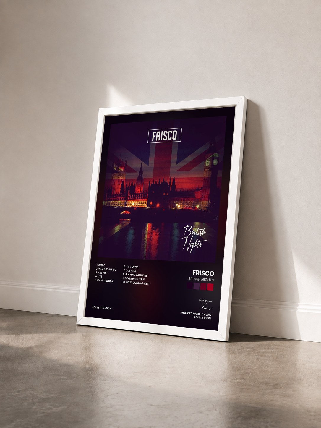 #blanc Tableau de l'album British Nights de Frisco vu de trois quarts, cadre blanc