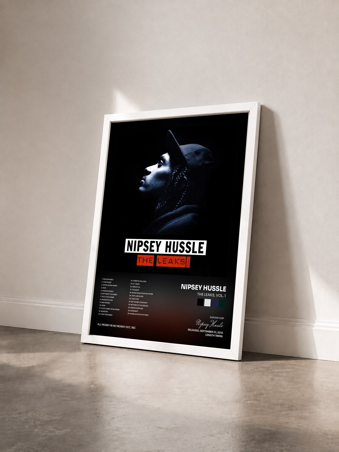 #blanc Tableau de l'album The Leaks, Vol. 1 de Nipsey Hussle vu de trois quarts, cadre blanc