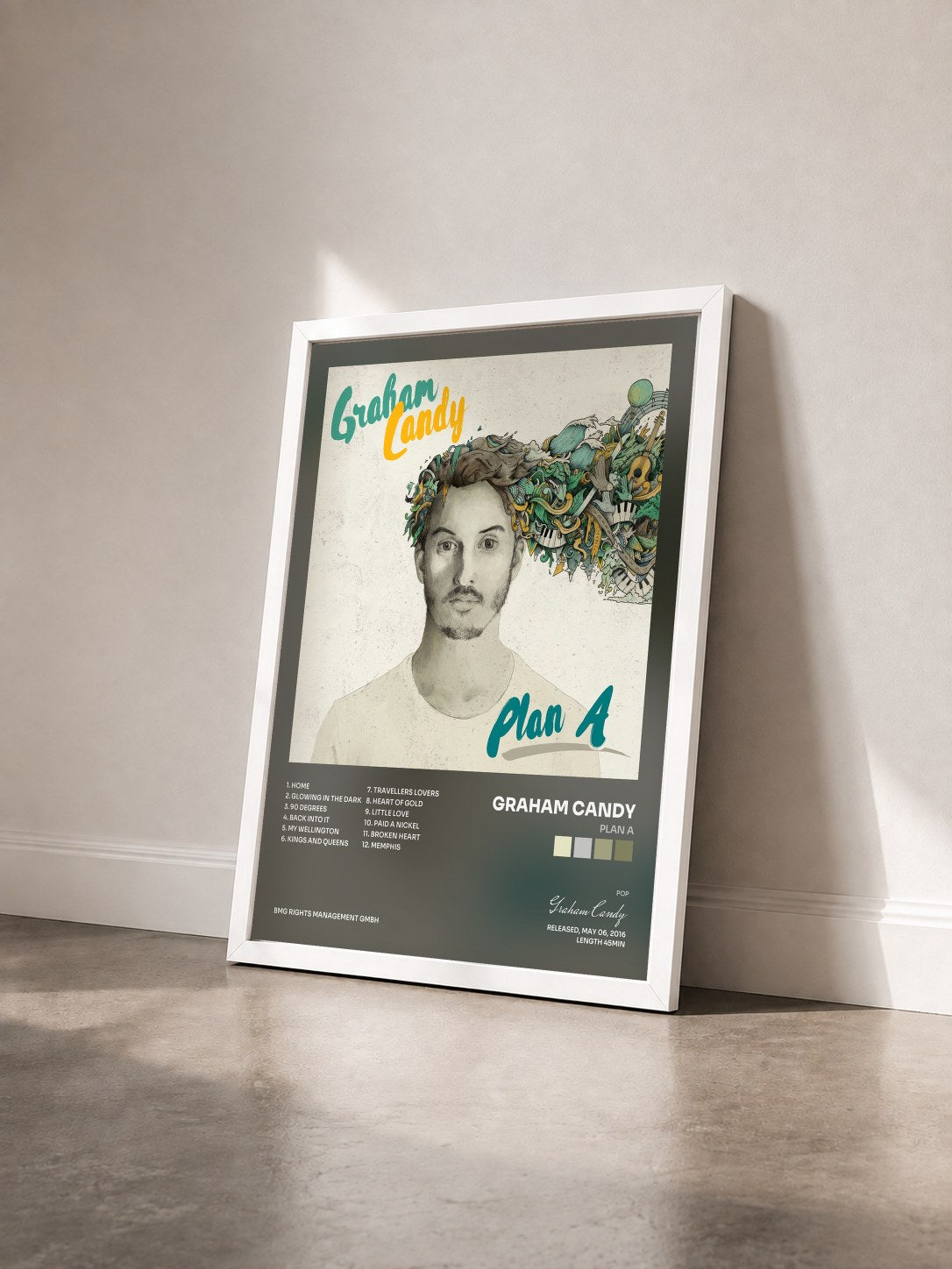 #blanc Tableau de l'album Plan A de Graham Candy vu de trois quarts, cadre blanc