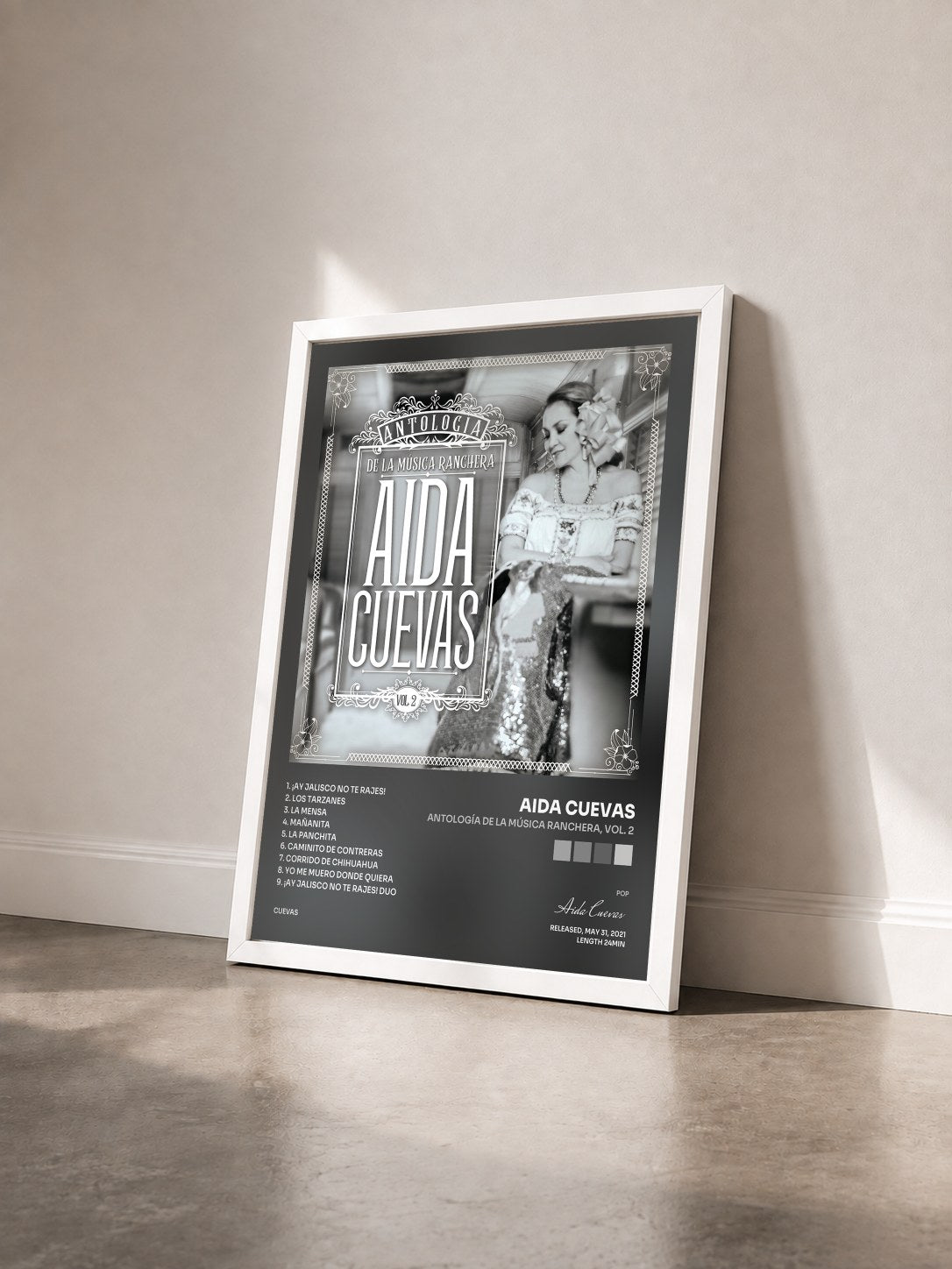 #blanc Tableau de l'album Antología De La Música Ranchera, Vol. 2 de Aida Cuevas vu de trois quarts, cadre blanc
