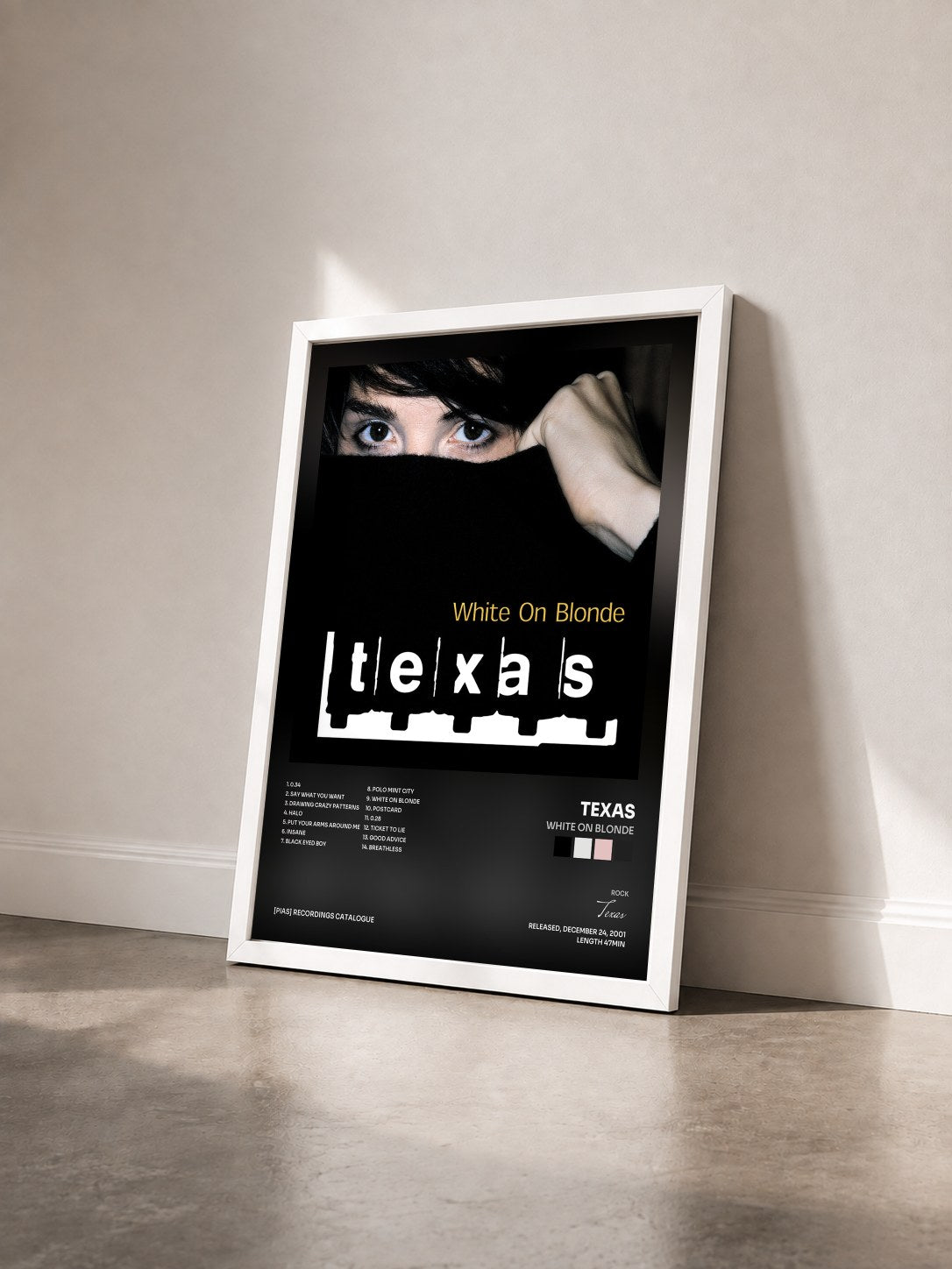 #blanc Tableau de l'album White On Blonde de Texas vu de trois quarts, cadre blanc