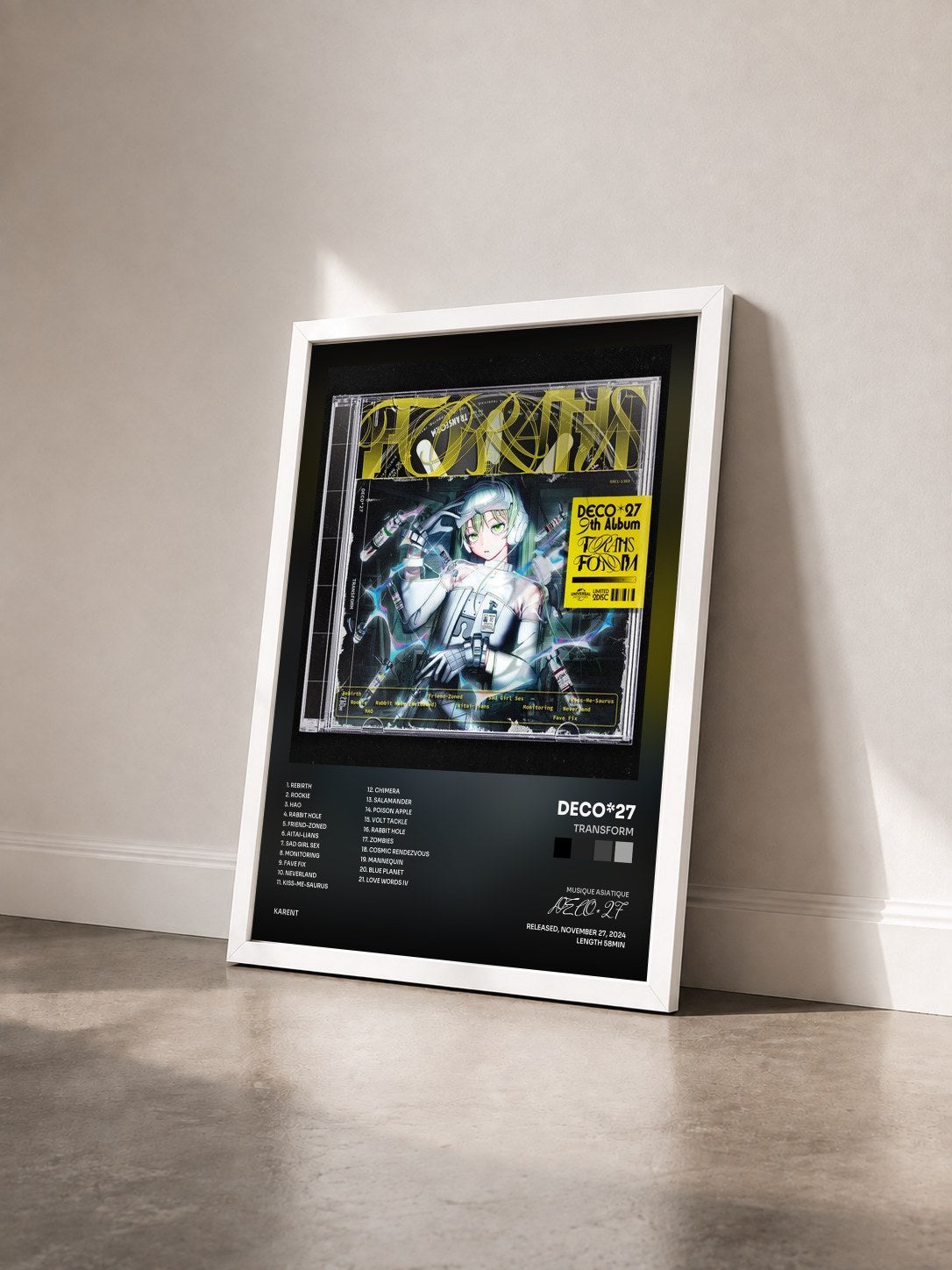#blanc Tableau de l'album TRANSFORM de DECO*27 vu de trois quarts, cadre blanc