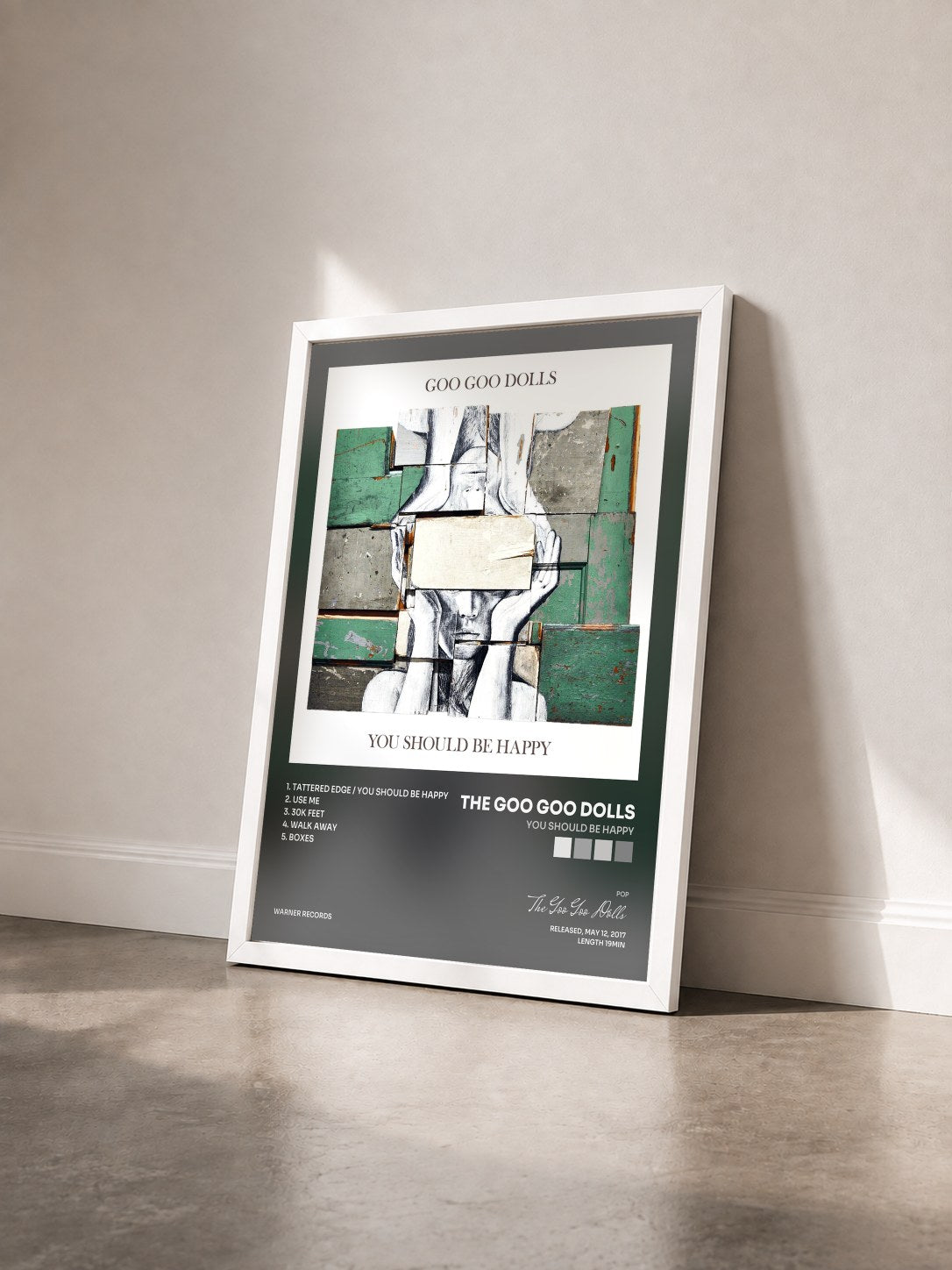 #blanc Tableau de l'album You Should Be Happy de The Goo Goo Dolls vu de trois quarts, cadre blanc
