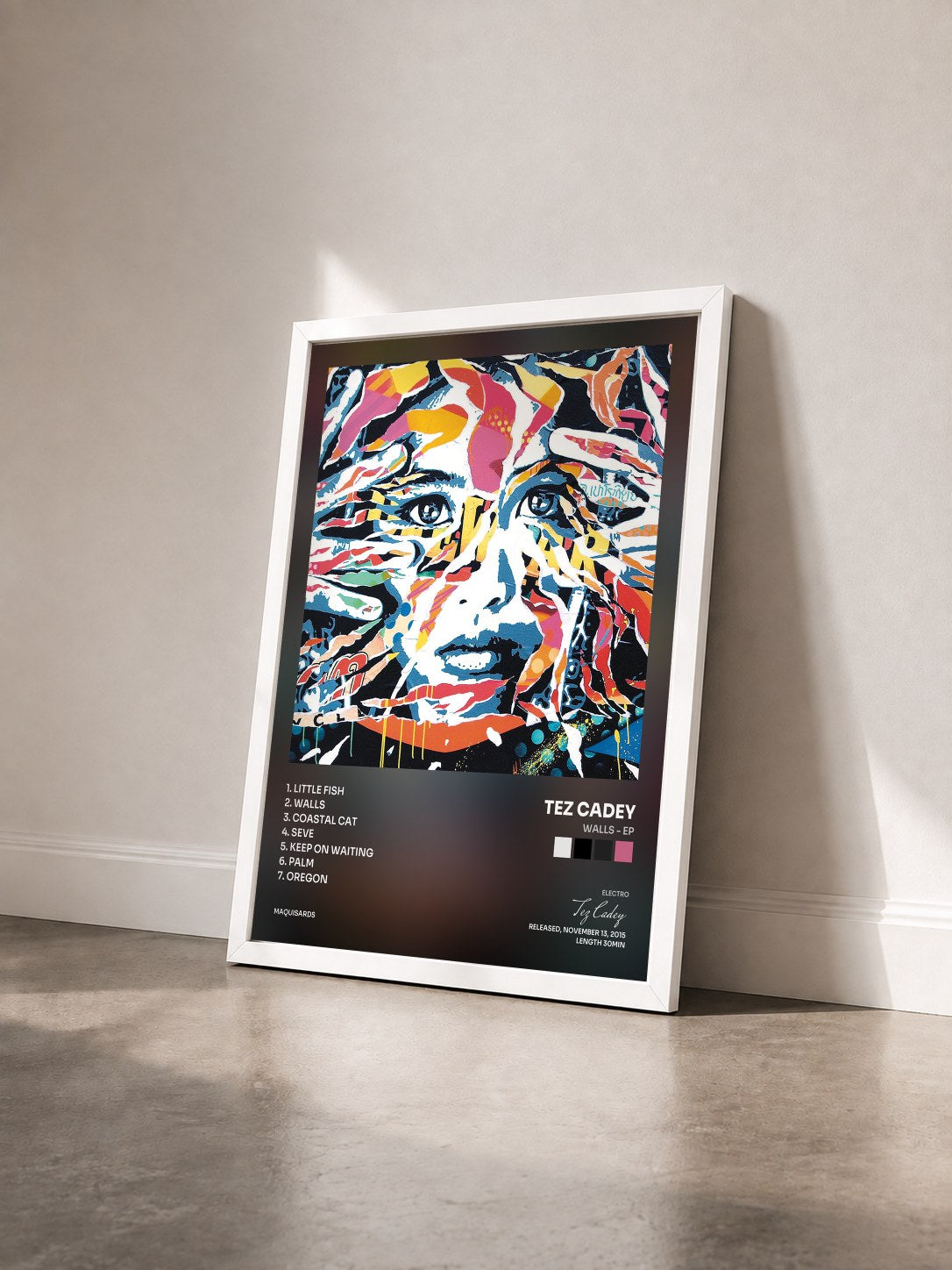 #blanc Tableau de l'album Walls - EP de Tez Cadey vu de trois quarts, cadre blanc