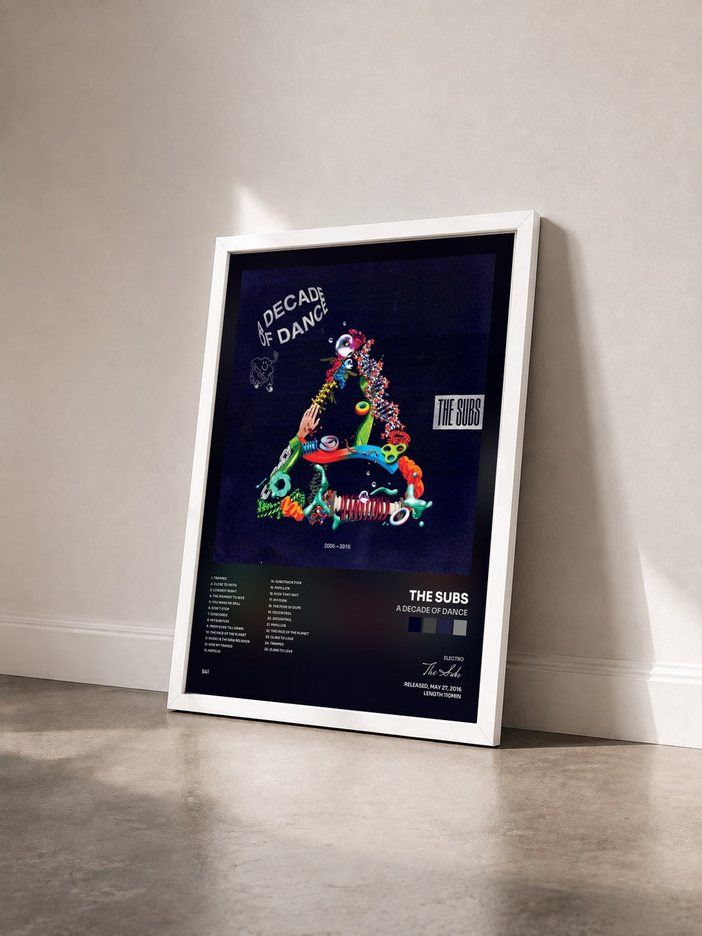 #blanc A Decade Of Dance by The Subs as a framed art print seen at an angle, white frame