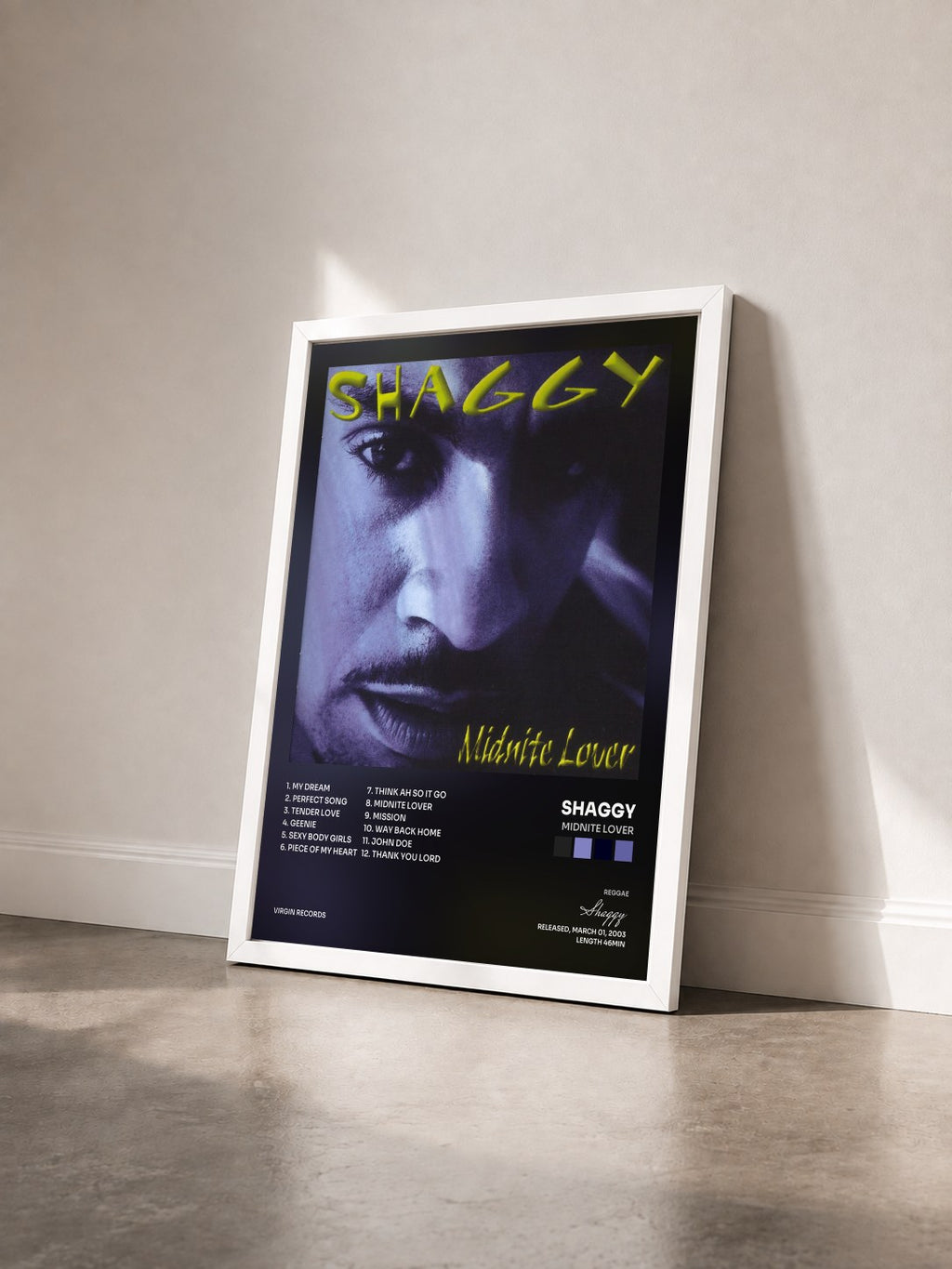 #blanc Tableau de l'album Midnite Lover de Shaggy vu de trois quarts, cadre blanc