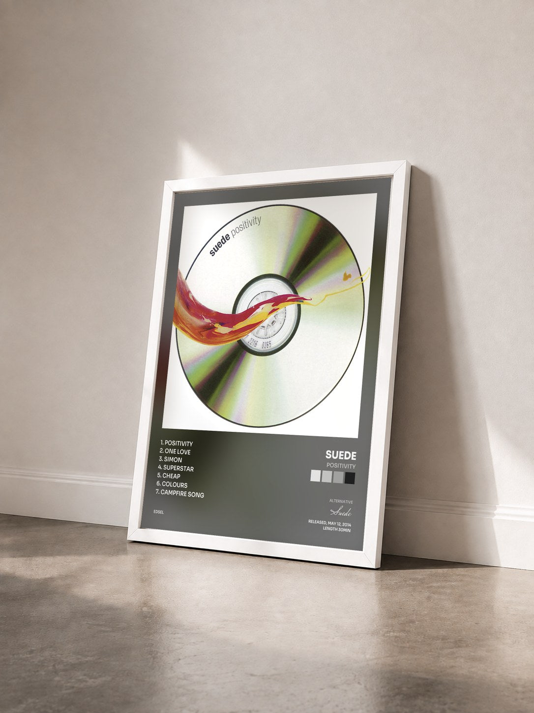 #blanc Tableau de l'album Positivity de Suede vu de trois quarts, cadre blanc