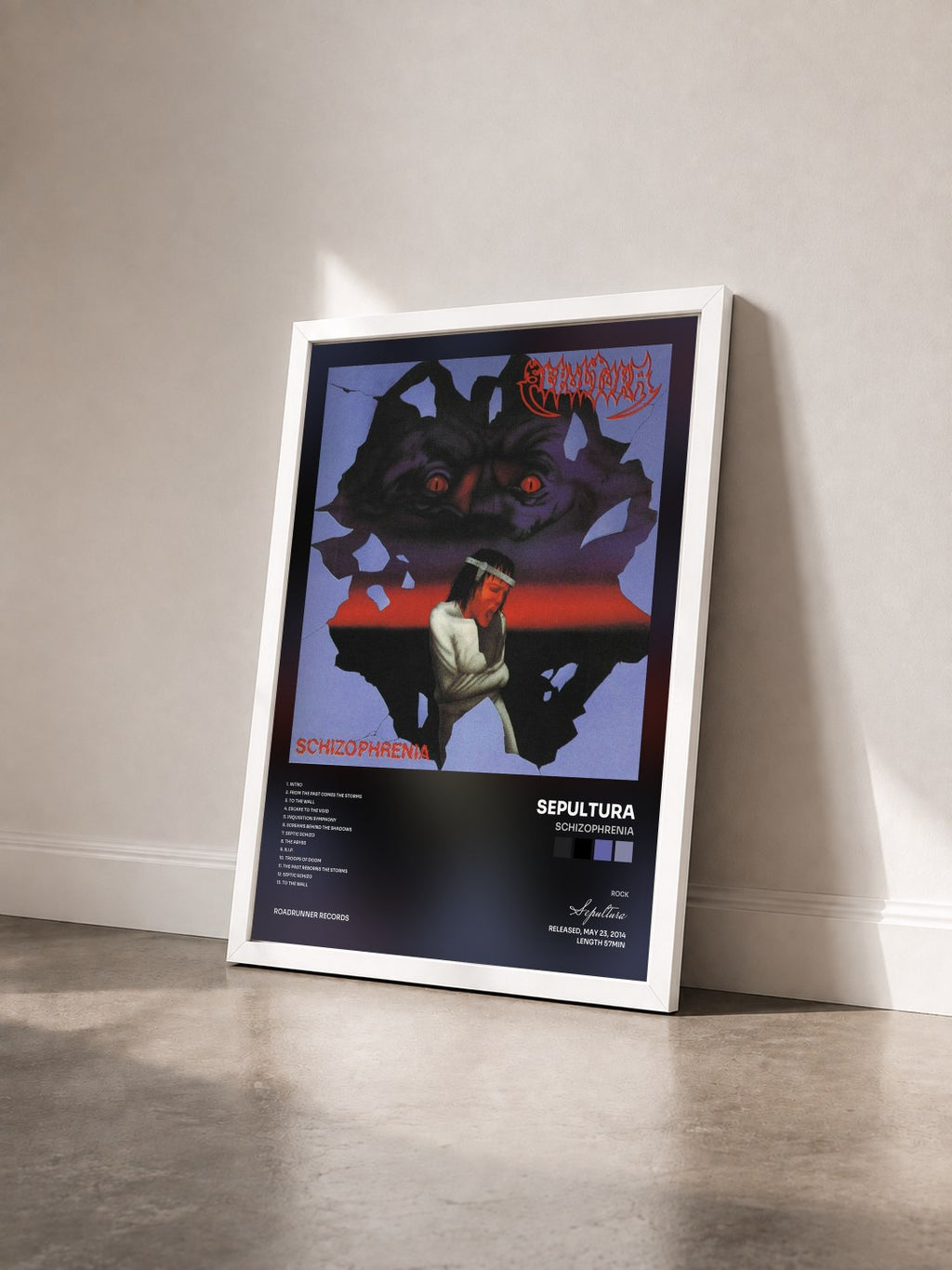 #blanc Tableau de l'album Schizophrenia de Sepultura vu de trois quarts, cadre blanc