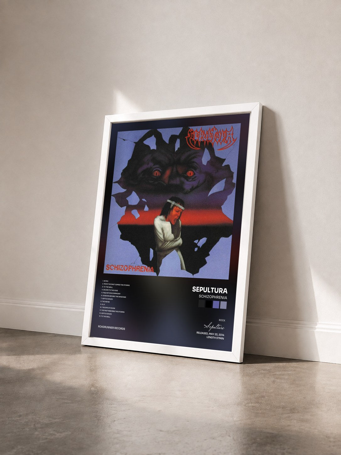 #blanc Tableau de l'album Schizophrenia de Sepultura vu de trois quarts, cadre blanc