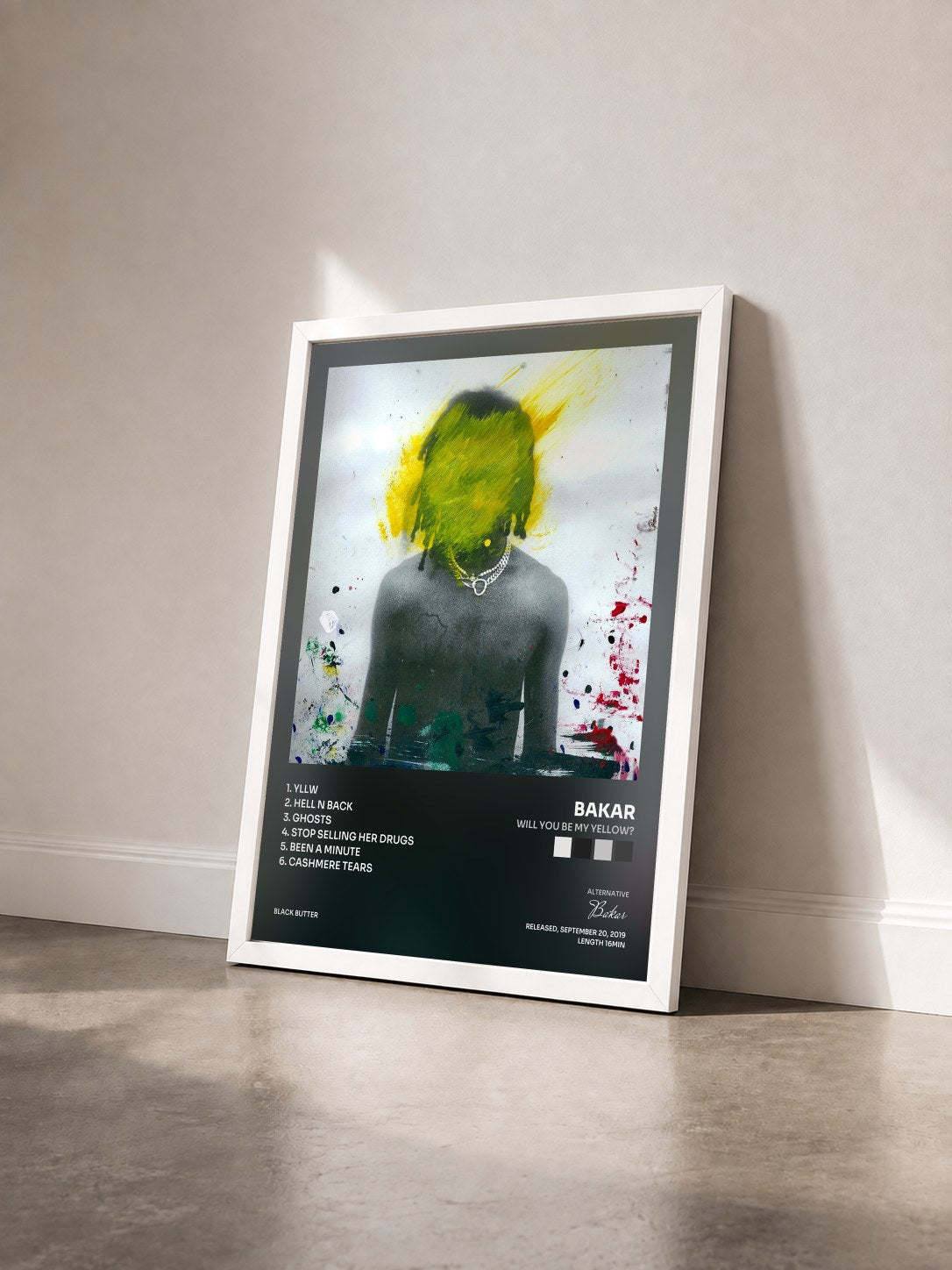 #blanc Tableau de l'album Will You Be My Yellow? de Bakar vu de trois quarts, cadre blanc